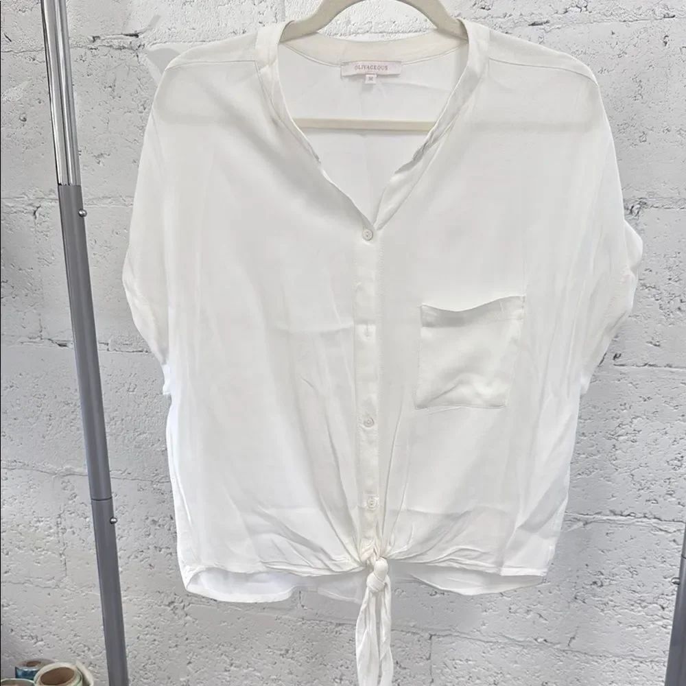 White Button-Up Blouse by OLIVACEOUS - Size Medium - Button Up Tie Short Sleeve